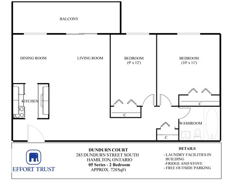 Floor plan for 2 beds, 1 bath, 720 sqft